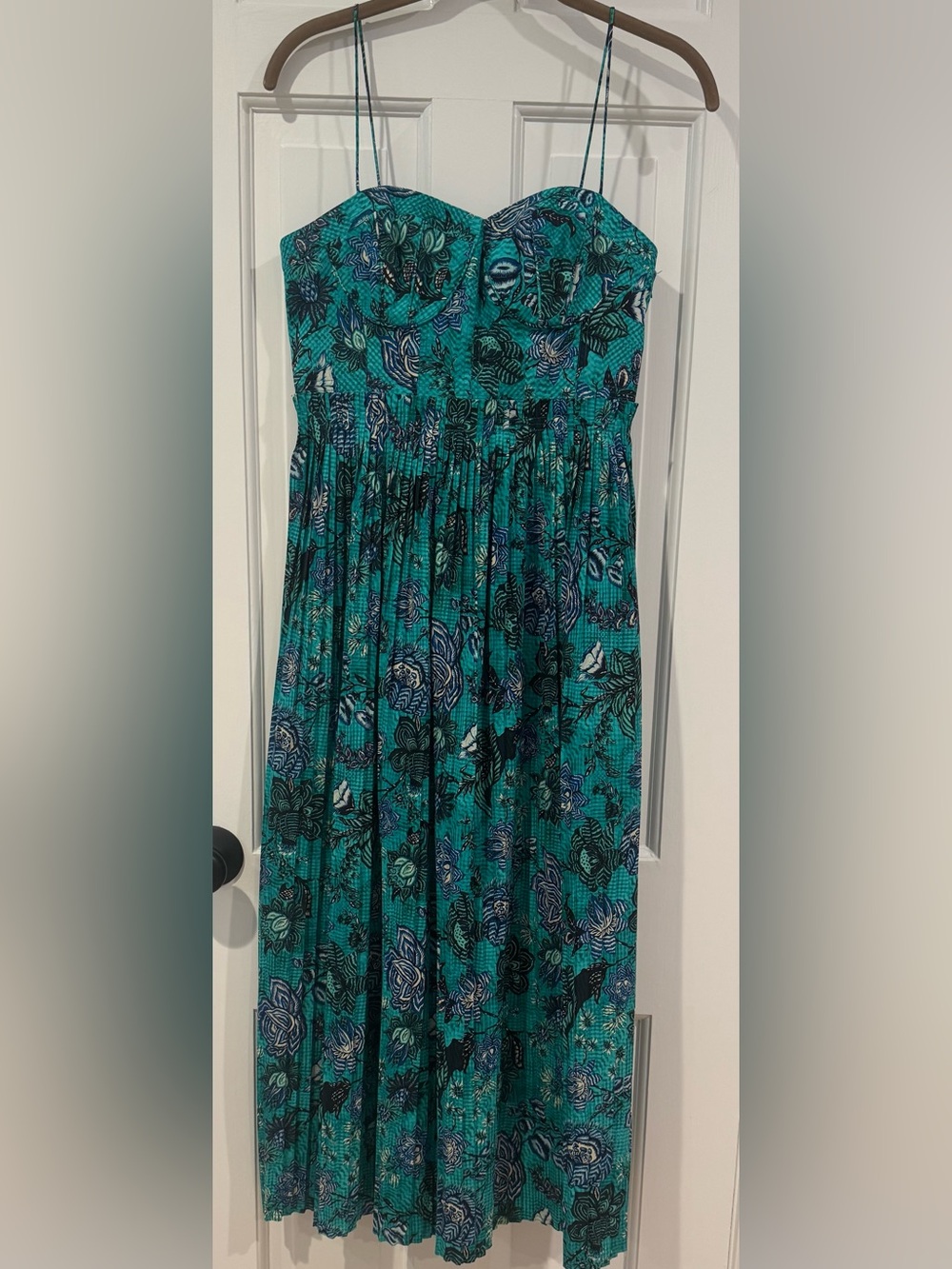 Ulla Johnson Teal and Floral Pleated Midi Dress
